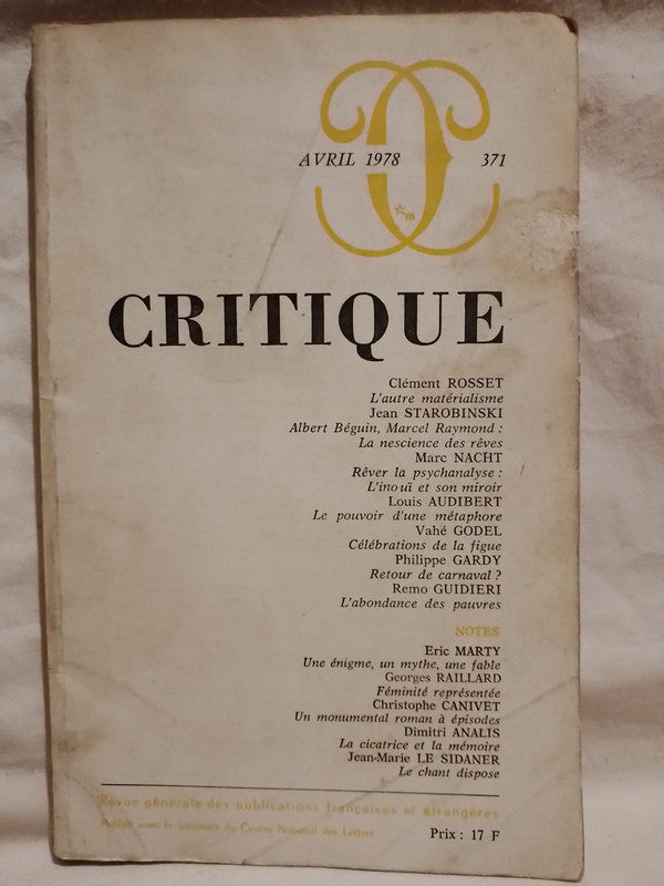 Revue Critique Avril 1978 Nº 371 / Rosset, Starobinski, Audibert y otros