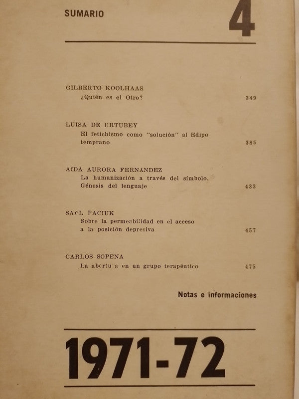 Revista Uruguaya de Psicoanálisis Nº 4 1971-72 / Koolhaas, Urtubey, Fernández, Faciuk, Sopena