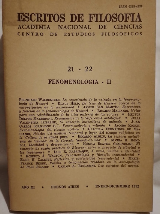 Escritos de Filosofía Nº 21 - 22 Fenomenología - II / Varios